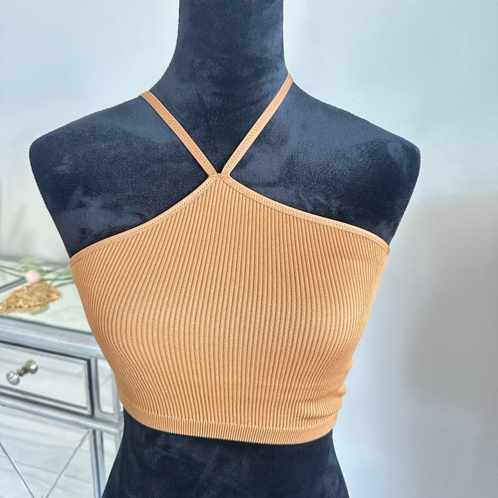 aerie Ribbed Halter Crop Top in Tan